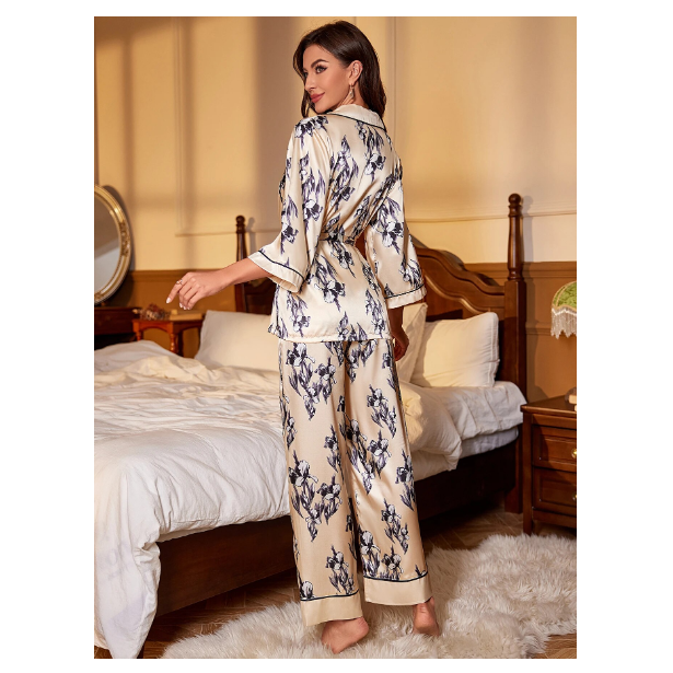 Silk Satin Women Pajama Set Floral Long Sleeve