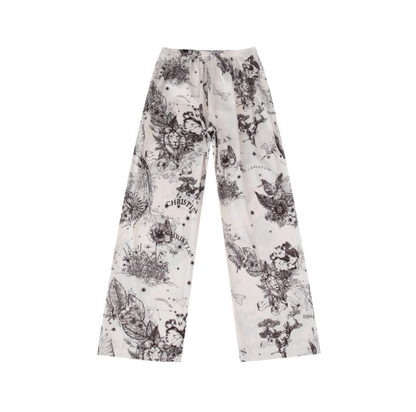 Pajamas Satin White Ink Leaf Printed Silk Texture Trendy Long Sleeved Top And Pants