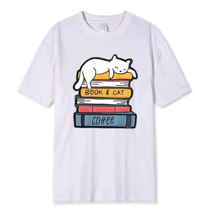 White Cat Sleeping On A Pile Of Books Tshirt