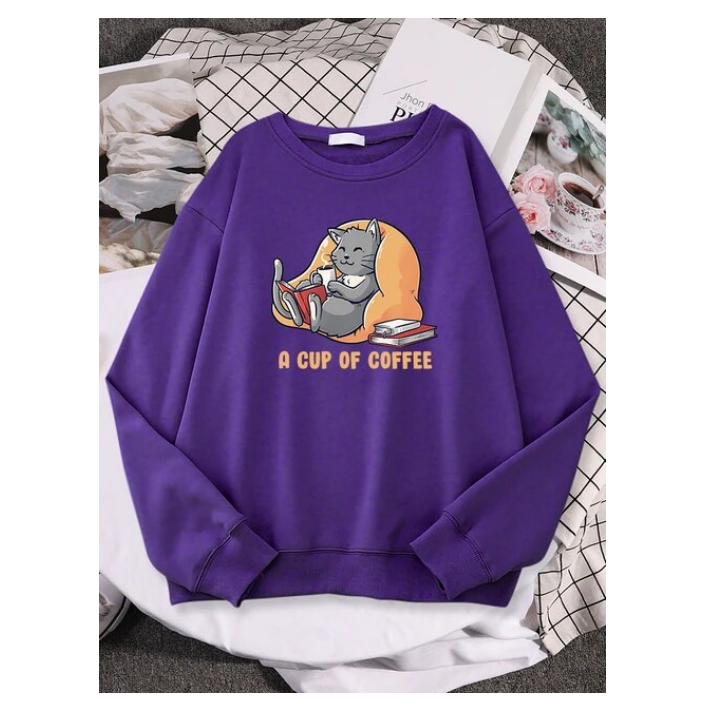 Lady Sweatshirts Grey Cat Drinks Coffee While Reading