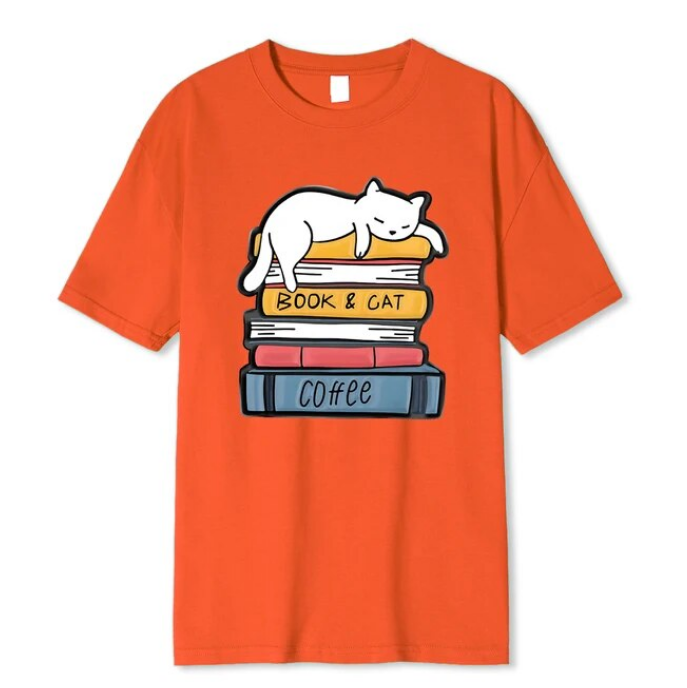 White Cat Sleeping On A Pile Of Books Tshirt