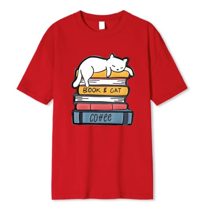 White Cat Sleeping On A Pile Of Books Tshirt