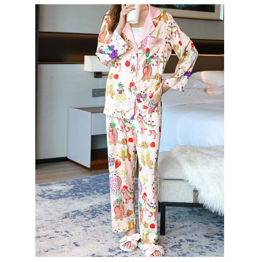 Pajama Set For Women Long Sleeved Top and Pants Pj Set Cute Fruit Dog