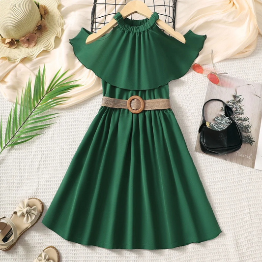 Children Girl Princess Dress Off Shoulder Belt Green Dress For Kid