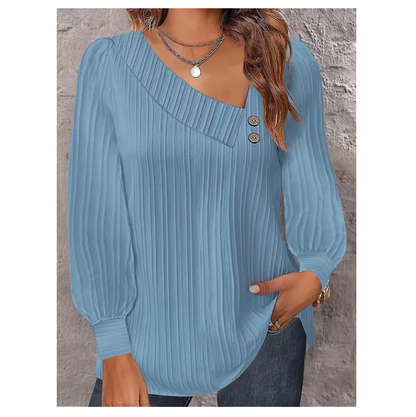 Tshirt Women Solid Color Long Sleeve Oblique Neck Button Top Pullover - DUGO