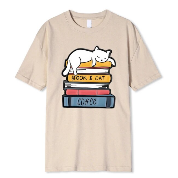 White Cat Sleeping On A Pile Of Books Tshirt