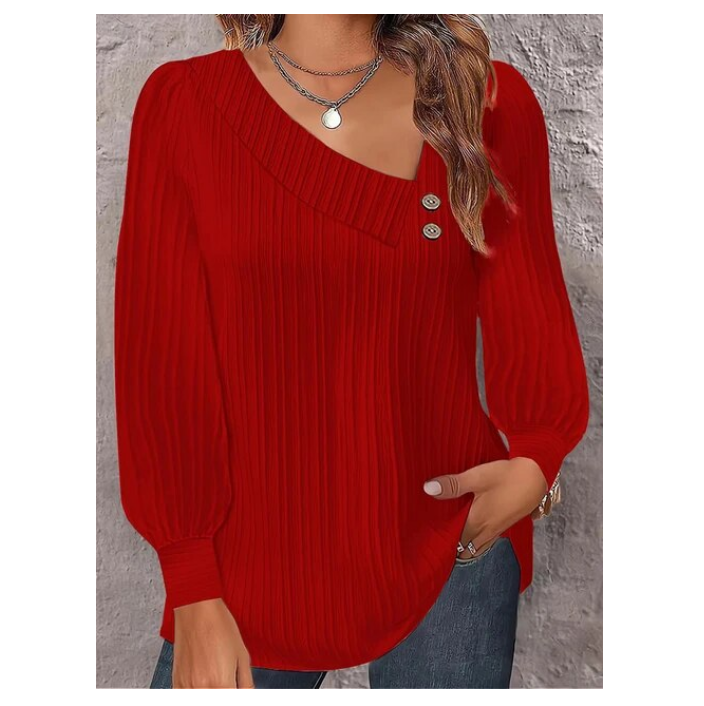 Tshirt Women Solid Color Long Sleeve Oblique Neck Button Top Pullover - DUGO