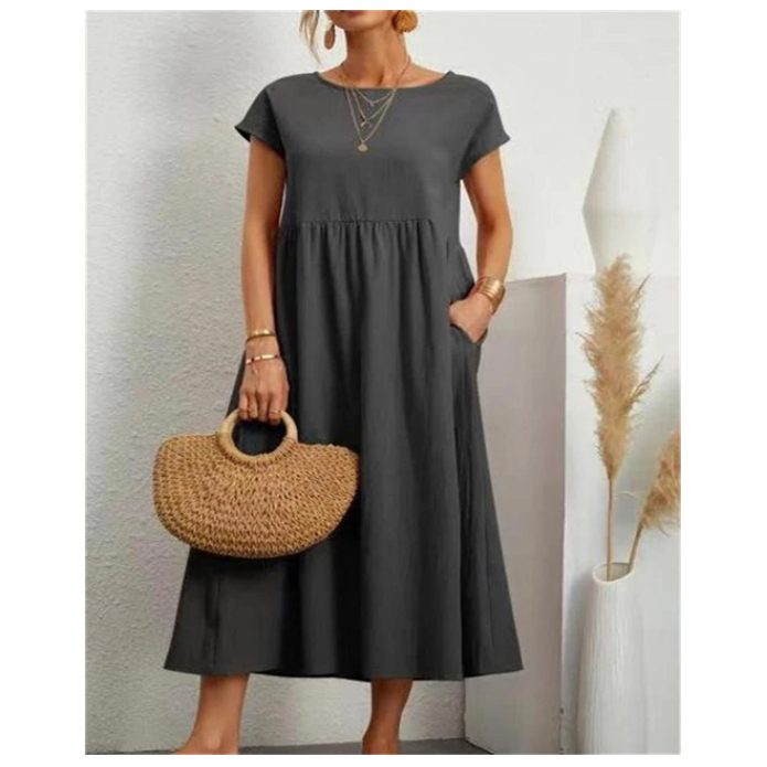 Women Elegant Solid Color Dress Summer Short Sleeve