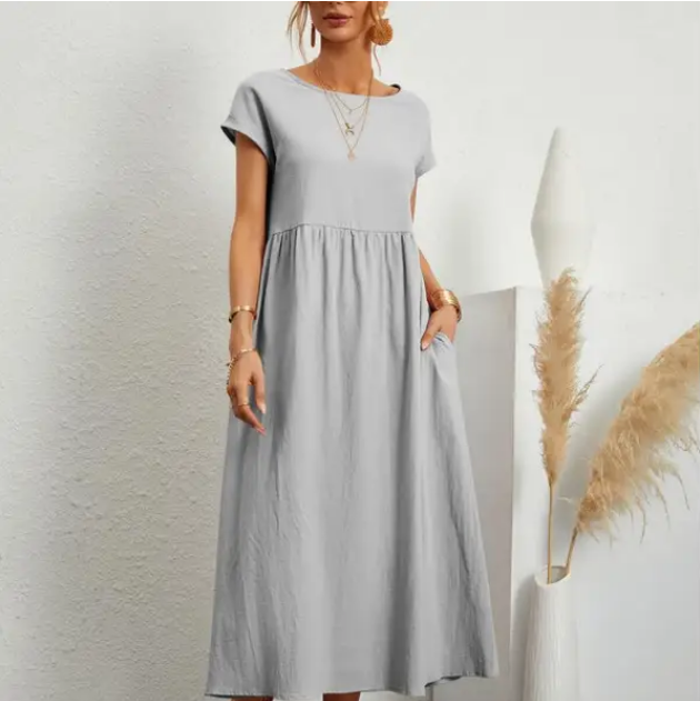 Women Elegant Solid Color Dress Summer Short Sleeve