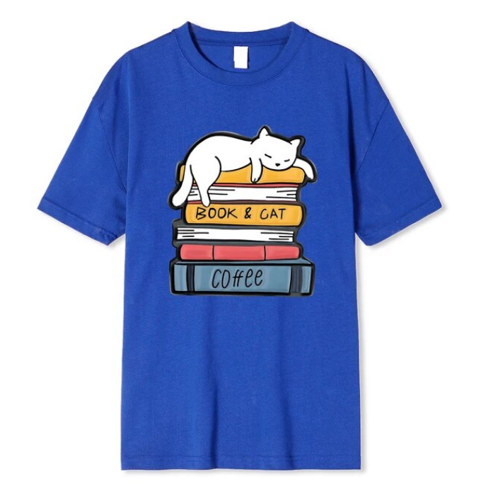 White Cat Sleeping On A Pile Of Books Tshirt