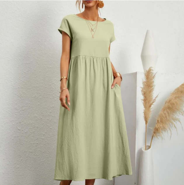 Women Elegant Solid Color Dress Summer Short Sleeve