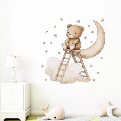 Teddy Bear On Moon Wall Stickers Funny