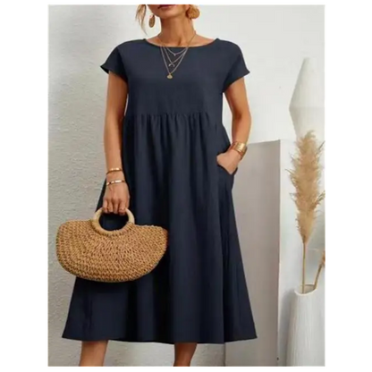 Women Elegant Solid Color Dress Summer Short Sleeve