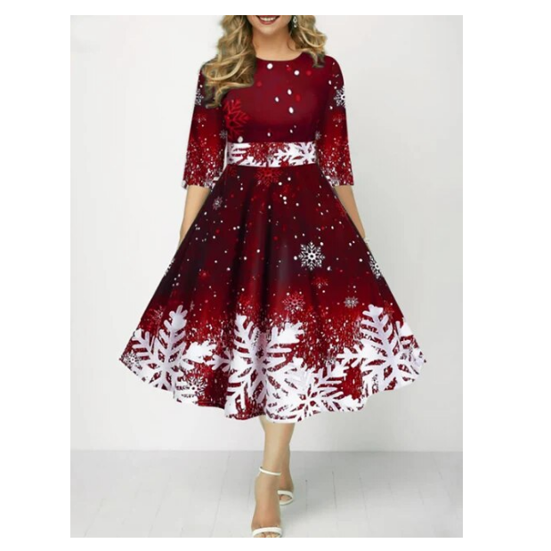 Fashion Christmas Print Party Dresses Elegant High Waist O Neck