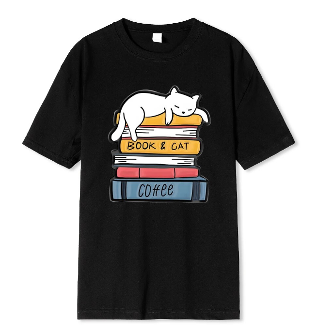 White Cat Sleeping On A Pile Of Books Tshirt