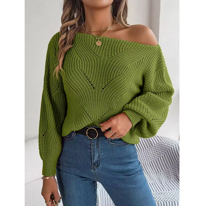 Slash Neck Off Shoulder Sweaters Woman Autumn Winter Lantern Long Sleeve Knitted