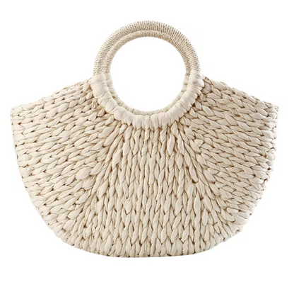 Women Woven Handbag Rattan Wicker Straw Half Round Bag Fashion