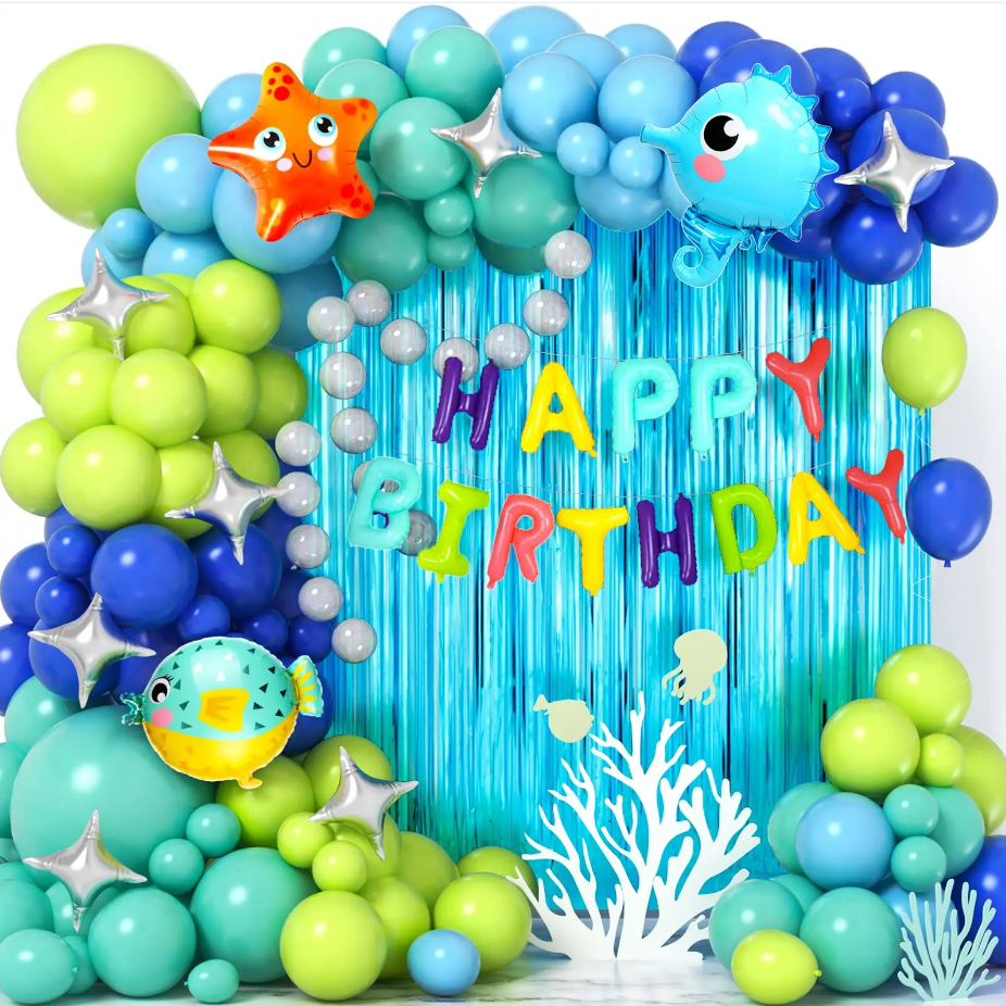 Blue Balloon Arch Tassel Curtains Happy Birthday Ocean Animals