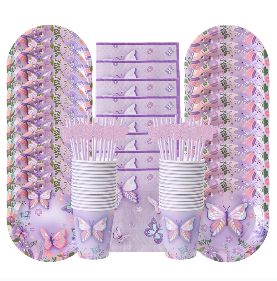 Butterfly Birthday Party Decor Pink Purple Disposable Tableware