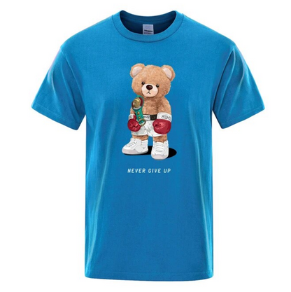 Strong Boxer Teddy Bear Never Give Up Print Funny Tshirt