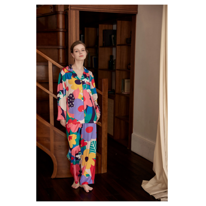 Multicolored Block Flower Patchwork Printed Pajamas Autumn Collection Stylish