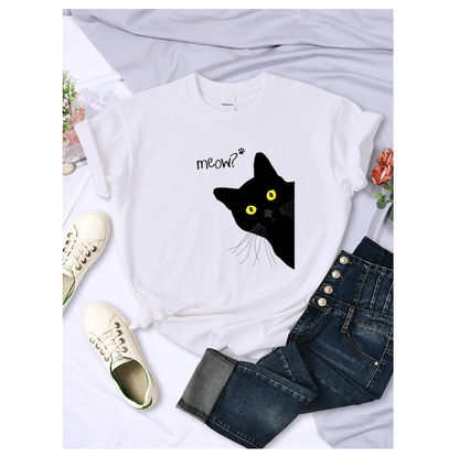 Meow Black Cat Print Women Tshirts