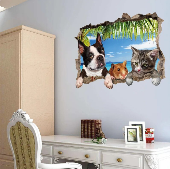 3D Cat Dog Hamster Animal Scenery Wall Stickers For Kids