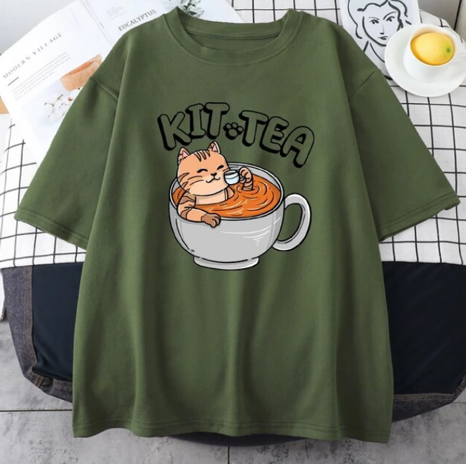 Kit Tea Cat In Cup Of Tea Prints Cotton Tshirts