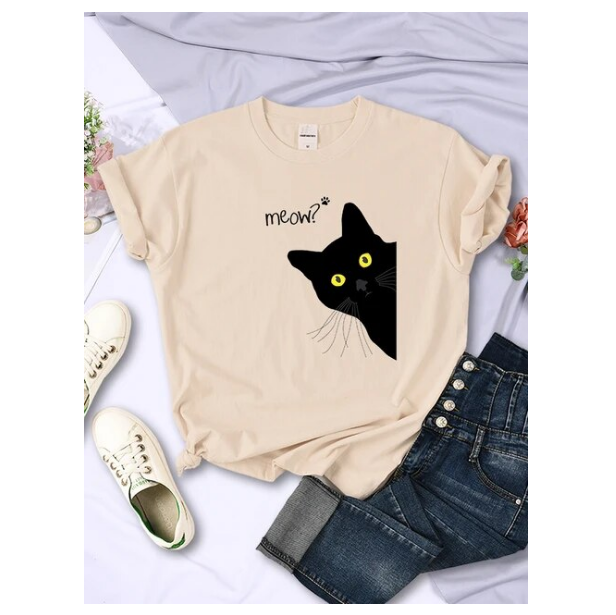 Meow Black Cat Print Women Tshirts