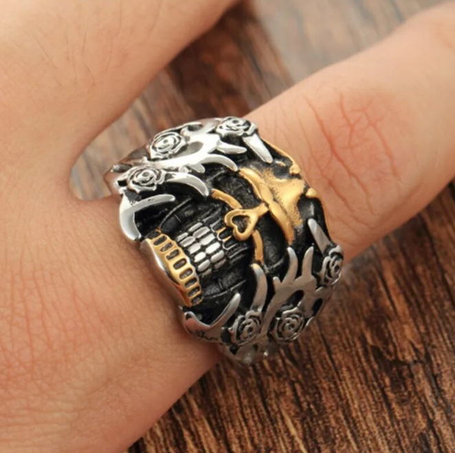 Gothic Cutout Floral Skull Ring For Men Punk Hip Hop Rock Jewelry