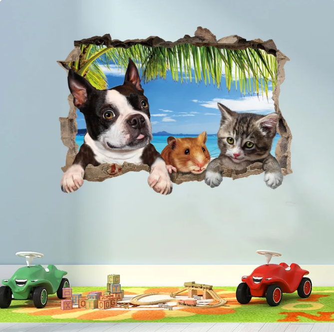 3D Cat Dog Hamster Animal Scenery Wall Stickers For Kids