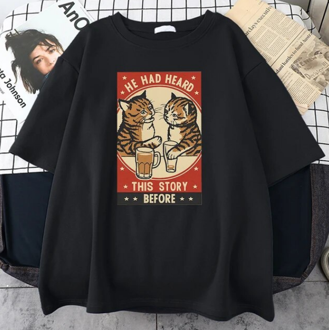 Cute Cat Drink Beer Print Men Tshirts