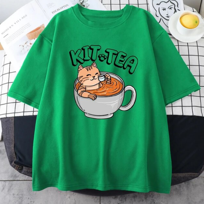 Kit Tea Cat In Cup Of Tea Prints Cotton Tshirts