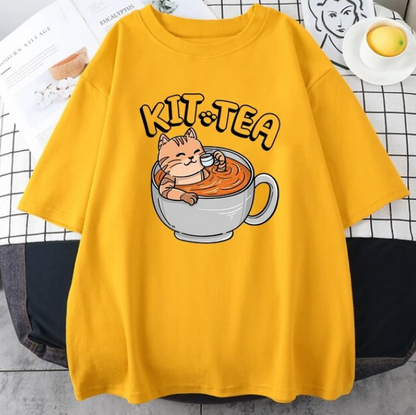 Kit Tea Cat In Cup Of Tea Prints Cotton Tshirts