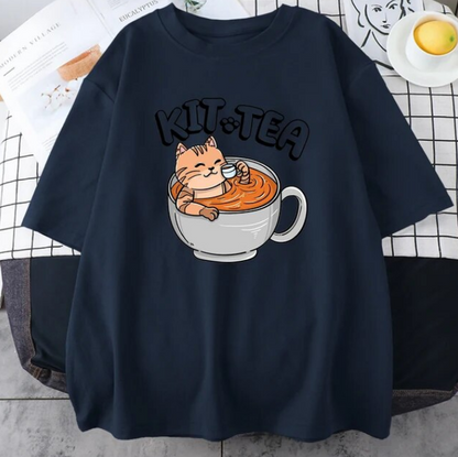 Kit Tea Cat In Cup Of Tea Prints Cotton Tshirts