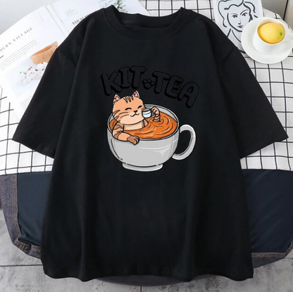 Kit Tea Cat In Cup Of Tea Prints Cotton Tshirts