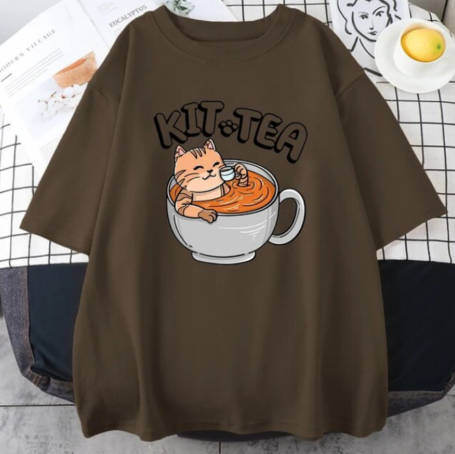 Kit Tea Cat In Cup Of Tea Prints Cotton Tshirts