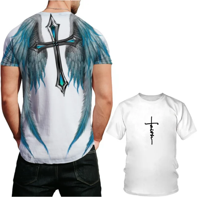 Cool Ladies Men Tshirt Angel Wings Cross 3D Print Short Sleeve Summer Casual