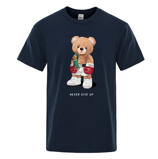 Strong Boxer Teddy Bear Never Give Up Print Funny Tshirt