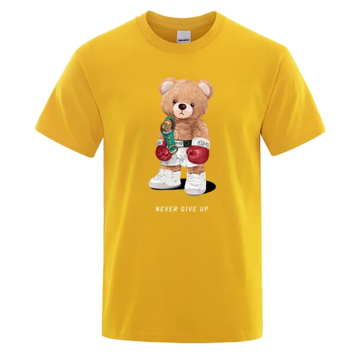 Strong Boxer Teddy Bear Never Give Up Print Funny Tshirt