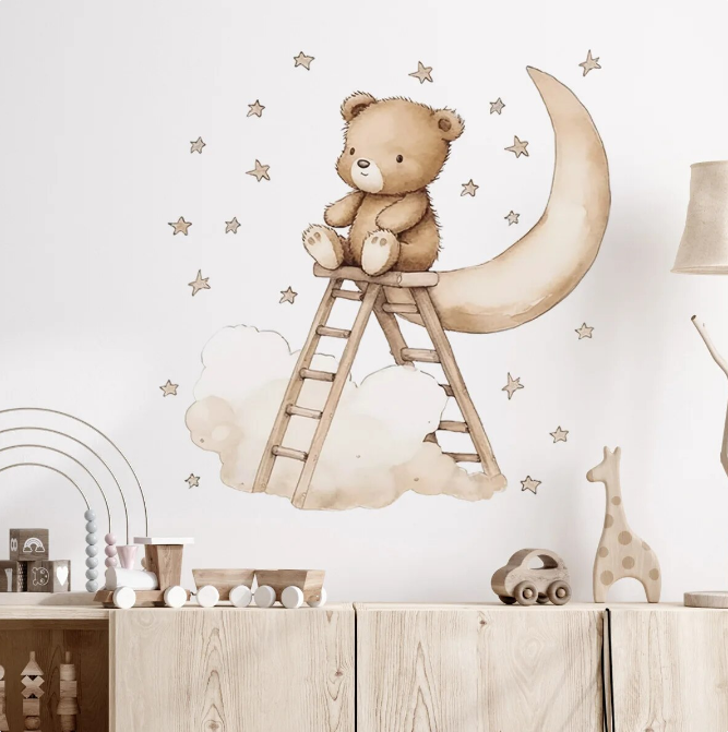 Teddy Bear On Moon Wall Stickers Funny