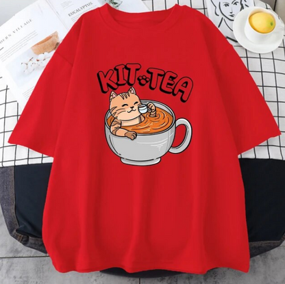 Kit Tea Cat In Cup Of Tea Prints Cotton Tshirts